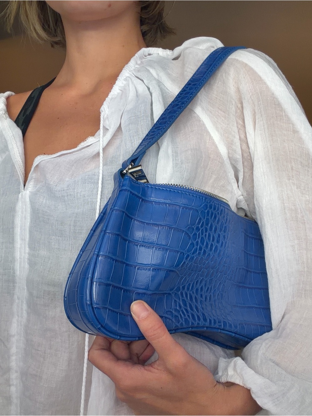 JW PEI Bright Blue Croc-Embossed Shoulder Bag
